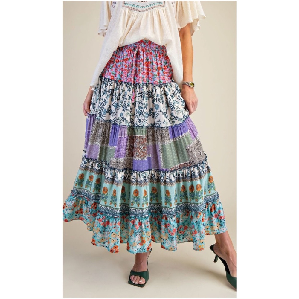 Bohemian Tiered Maxi Skirt in Multi Floral - Picture 1 of 5
